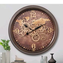🔥 BRAND NEW 24” Large Wall Clock – Moving Gears, Industrial Style with World Map