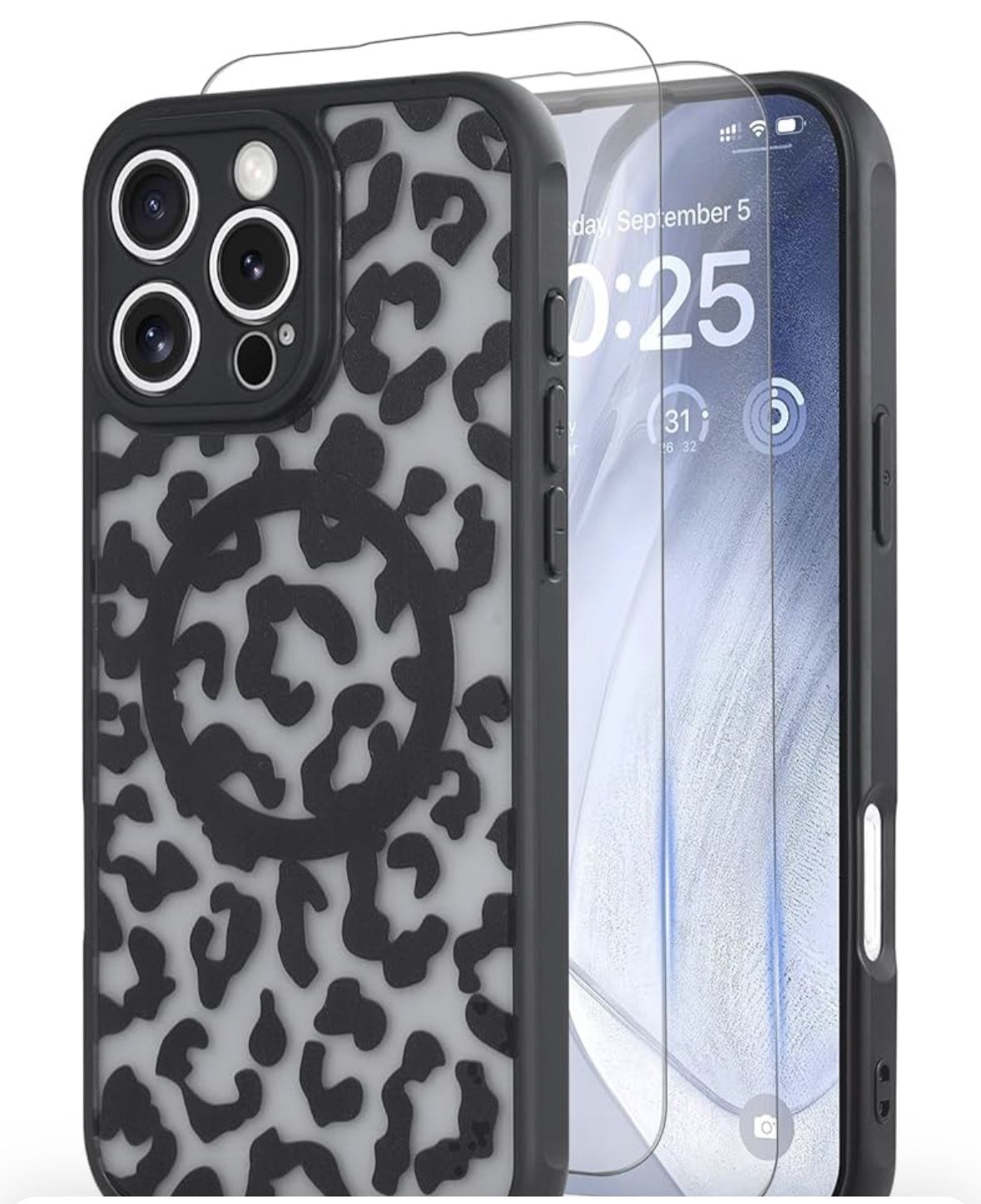 for iPhone 16 Pro Max Case Leopard Print Compatible with MagSafe [2X Screen Protector&Camera Full Coverage], Shockproof Floral Phone Case for iPhone 1