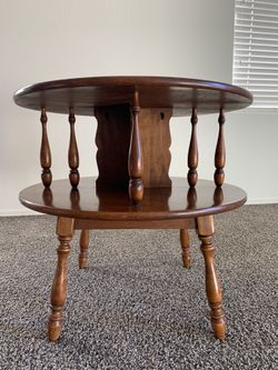 23.0”H x 24.0” D vintage solid maple round 2-tiered end table (height between tops 8.5)