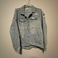 Waimea, woman’s Light Blue Distressed Jean Front Pockets Denim Jacket, Size L