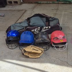 softball helmets, with bag and glove
