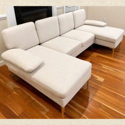 Off White fluffy fabric Double chaise sectional couch sofa