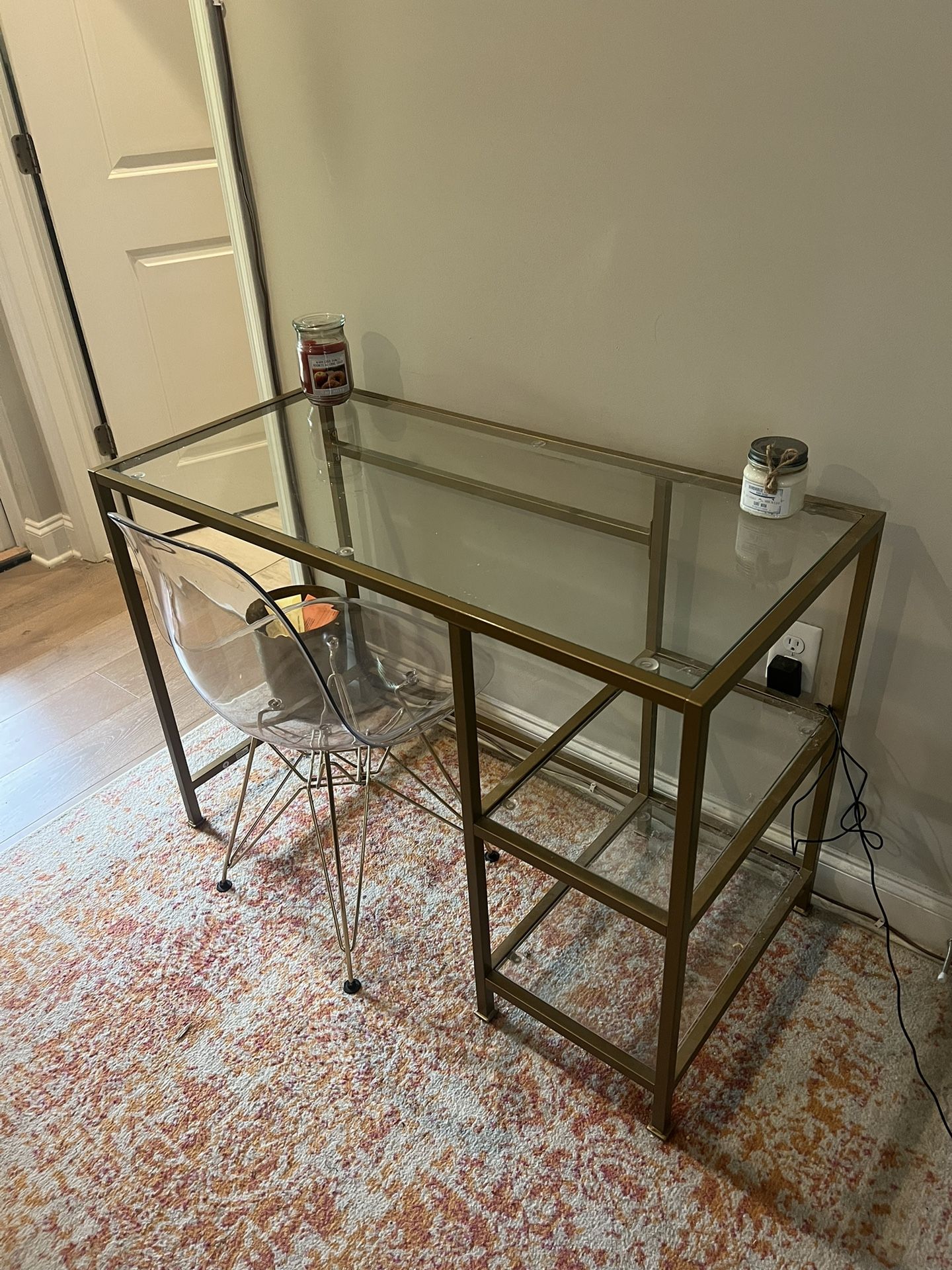Gold And Glass Desk With Acrylic Chair