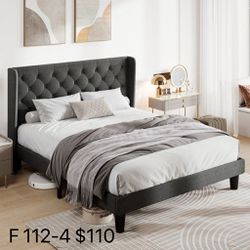 Full Size Platform Bed Frame with Upholstered Headboard and Wingback, (112-4)