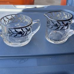 Art deco etched Glass silver overlay sugar and creamer