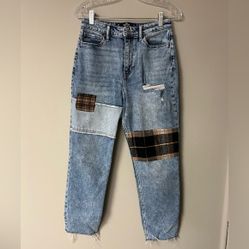 Hollister High Rise Mom Jeans With Plaid Patches
