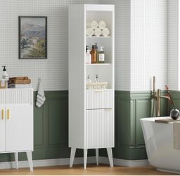 Tall White Bathroom Storage Cabinet with Open Shelves
