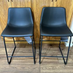 Set of 2 Barstool Black Metal and Faux Leather, New