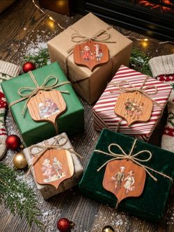 Set of 5 Cedar Wooden Hanging Christmas Ornaments, Vintage Children, Brown, 3 in