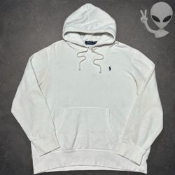 Polo Ralph Lauren Pullover Hoodie Men's XL White Fleece Pony Sweatshirt Flawed