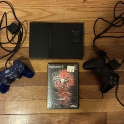 PlayStation 2  With Controllers And Spider Man Game