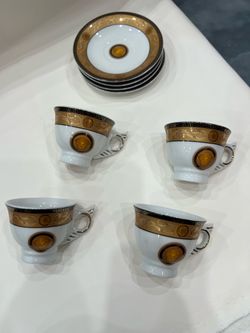 Gold Greek Key Porcelain Cup and Saucer Set of 4