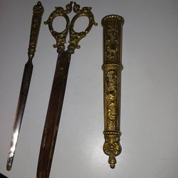 Antique Ornate Bronze Brass Scissors And Letter Opener With Sleeve