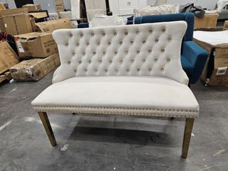 Cream Velvet Tufted Settee Bench with Gold Legs