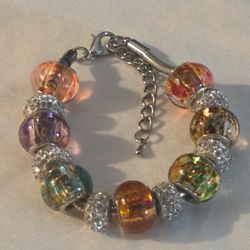 Silver Murano Glass Charm Bracelet Rhinestone Bling