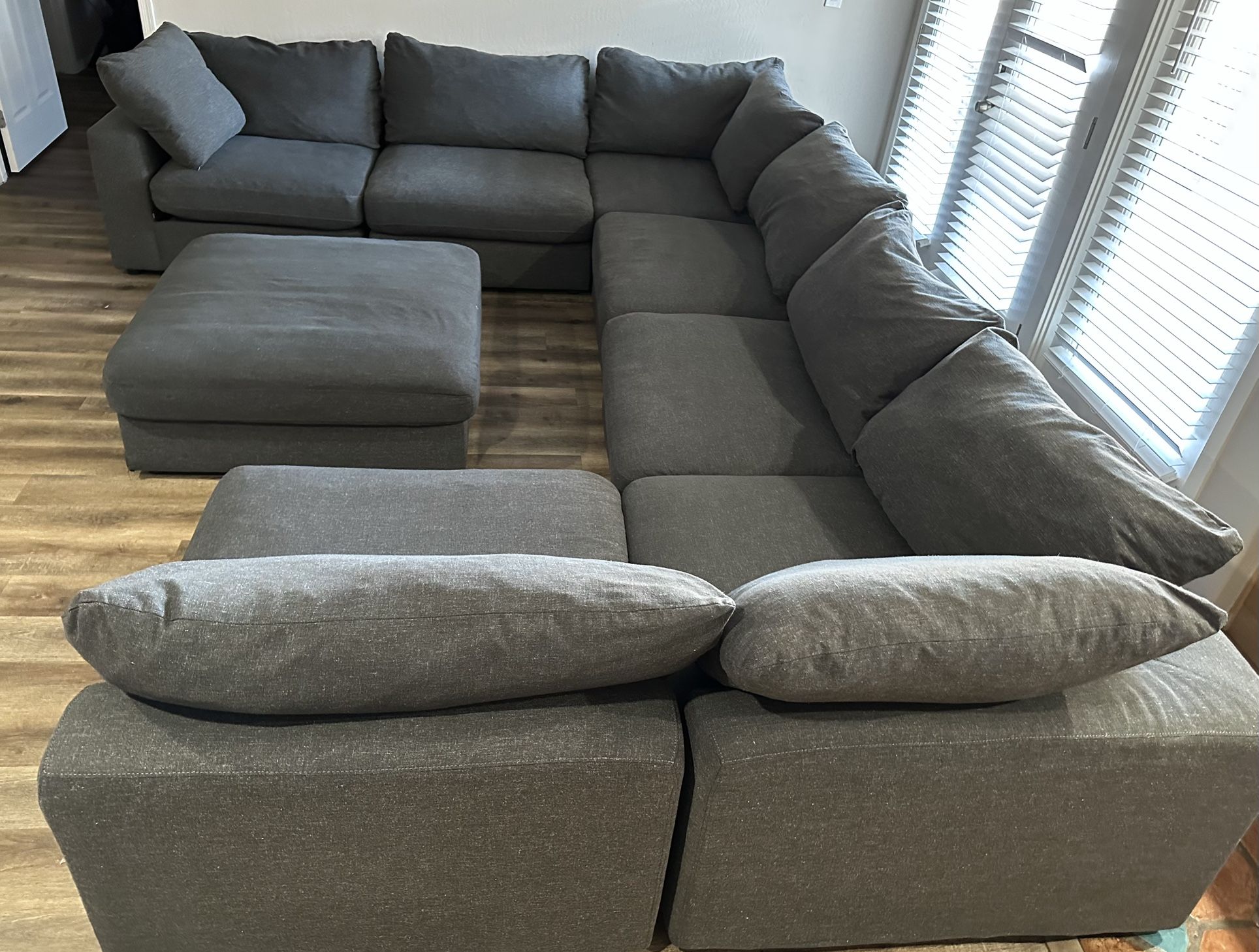 Serene Modular Down Feather Sectional & Ottoman, Charcoal Gray Linen Blend Fabric