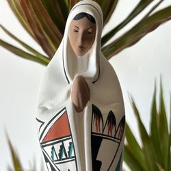 Vintage Navajo Native American Signed Ceramic Art Hand Painted Madonna Mary Collectible, Trinket Sculpture Statue
