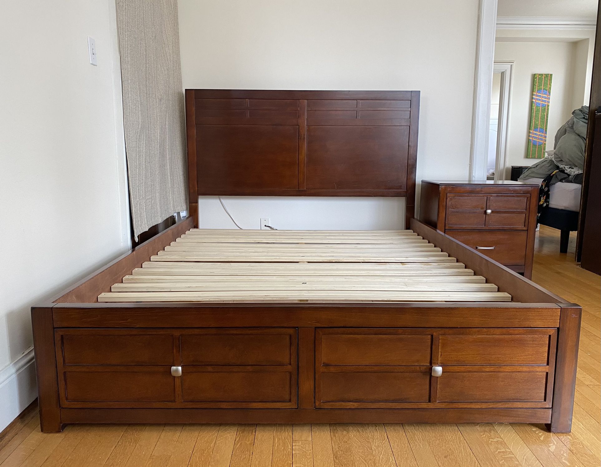 Hardwood queen bed frame and nightstand