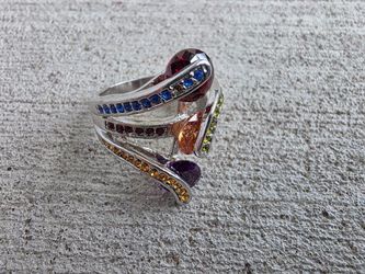 Vintage Statement Cocktail Ring Multicolor Crystal Rhinestones Silver Tone Adjustable