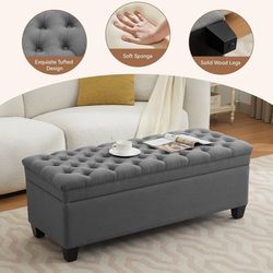 2234  51" Fabric Storage Ottoman Bench, Upholstered Rectangle End of Bed Storage Ottoman Tufted Living Room Bedroom Bench with Safety Hinge, Solid Woo