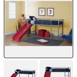 Silver Junior Twin Metal Loft Bed with Red Slide 