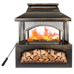 37" Fire Pits with Wood Storage for Outside, Large Wood Burning Outdoor Fireplace with Chimney, Mesh Spark Screen & Fire Poker, Idea for Backyard, Pat