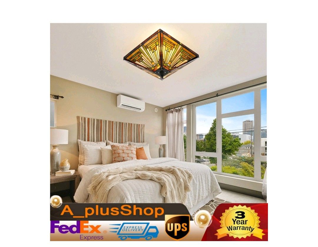 Lot # UB1314: Flush Mount Lighting World Menagerie 14 Vintage 2 Light Tiffany Stained Glass Dimmable Semi Flush Mount Lighting