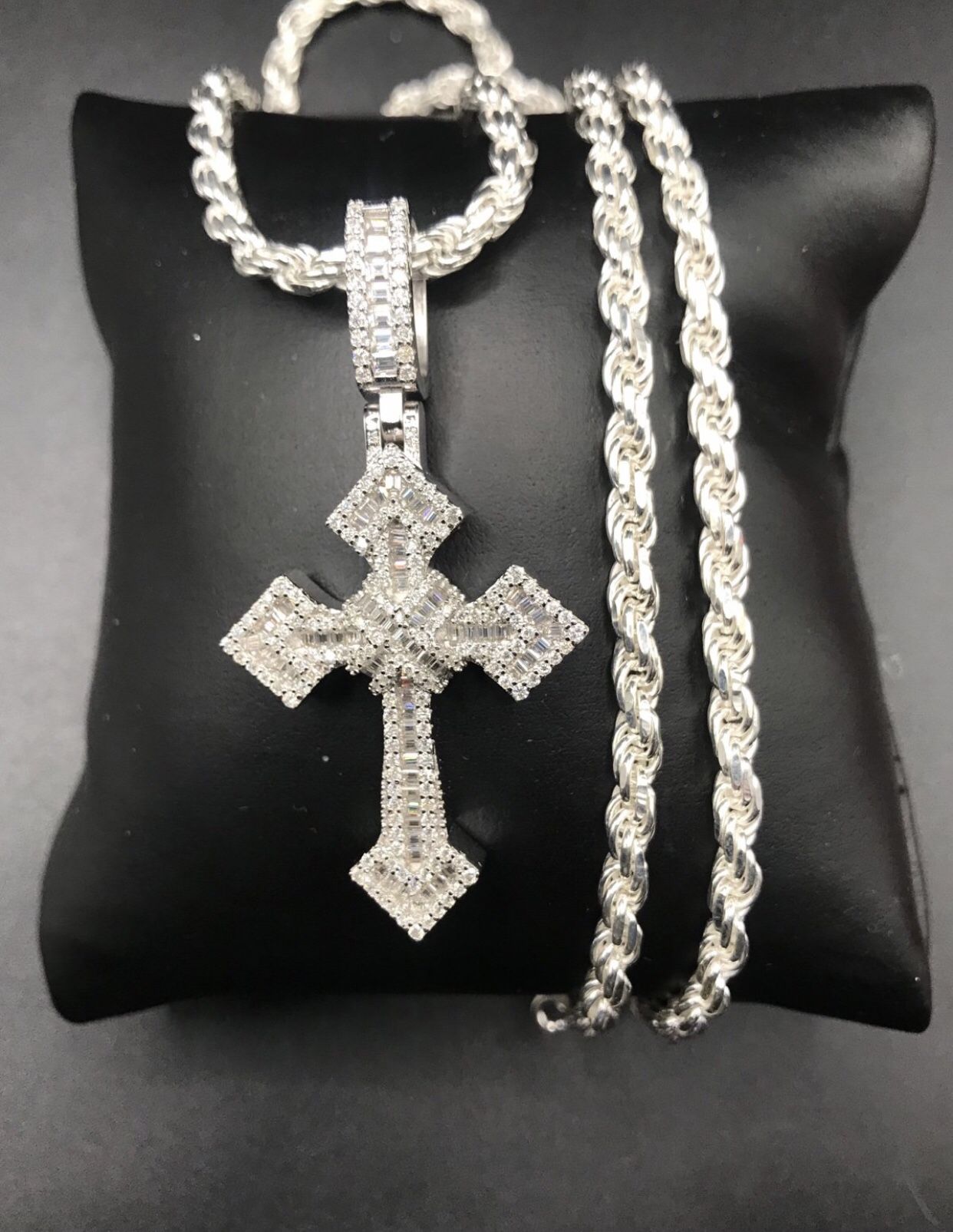 925 Sterling Silver 3.48CT MOISSANITE Cross Pendant Rope Chain Men’s Necklace Size 24”