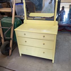 Yellow Antique Dresser And Mirror