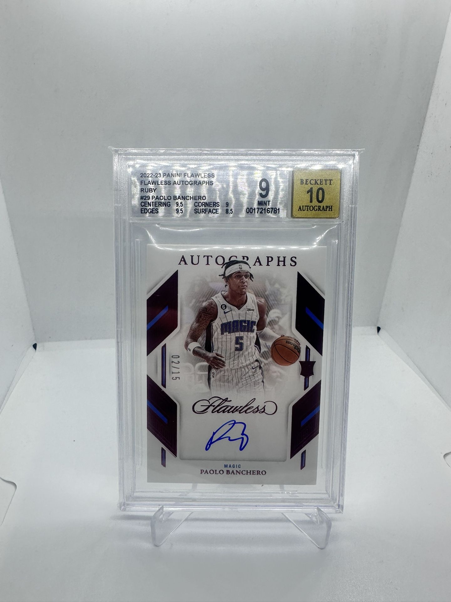 2022 Panini Flawless Paolo Banchero Rookie Ruby Auto /15 BGS 9 Auto 10