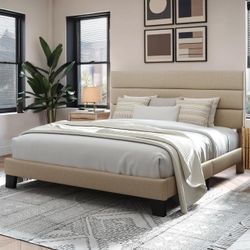 Platform Bed Frame with Fabric Upholstered Headboard and Wooden Slat Support, No Springs Required