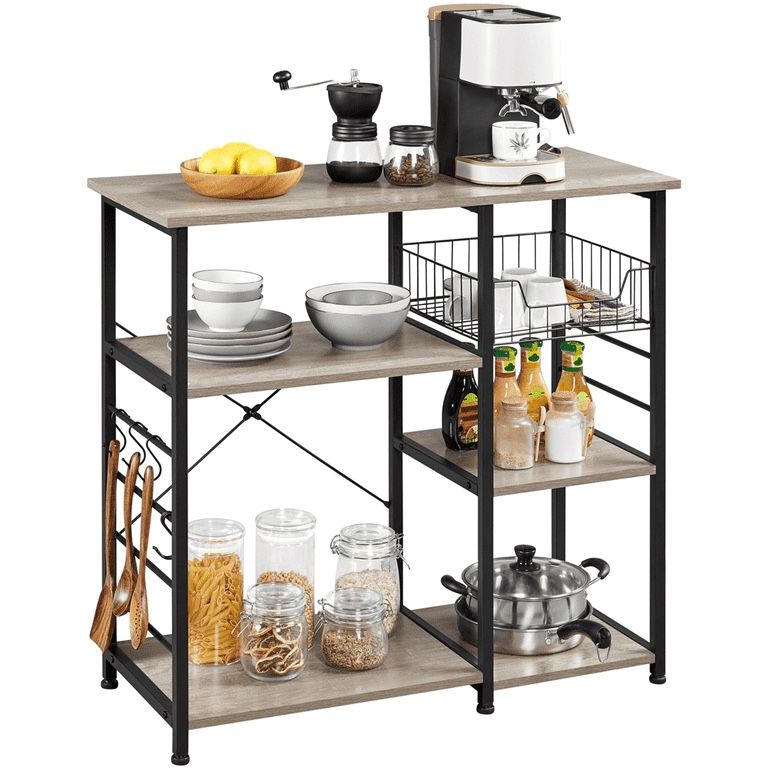 Multifunctional Kitchen Trolley Wood Utility Storage Shelf with Basket 6 Hooks Metal Frame Microwave Oven Stand for Spices Utensils Foods