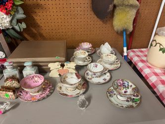 Vintage Porcelain cookie jar creamer and sugar bowls and coffee cups