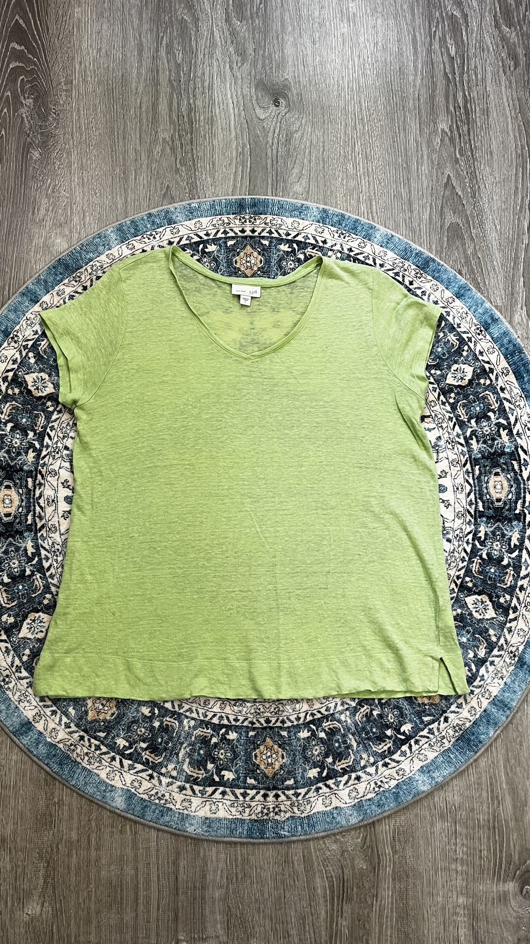 J. Jill Small Neon Green Sheer 100% Linen V-neck Blouse Tee Top Love Linen