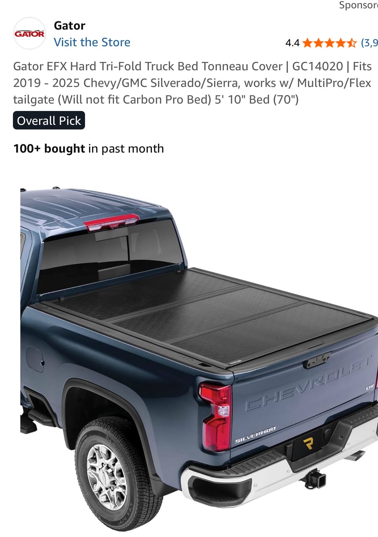 Gator EFX Hard Tri-Fold Truck Bed Tonneau Cover | GC14020 | Fits 2019 - 2025 Chevy/GMC Silverado/Sierra, works w/ MultiPro/Flex tailgate (Will not fit