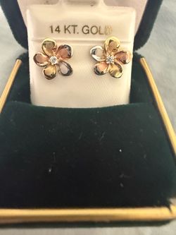 Vintage 14K Solid Tri-Color Gold Plumeria Flower Stud Earrings
