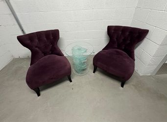 Set of (2) 14 Karat Home Casual Purple Velvet Accent Chair and RAVELLO SPIRAL GLASS SIDE TABLE, 1980