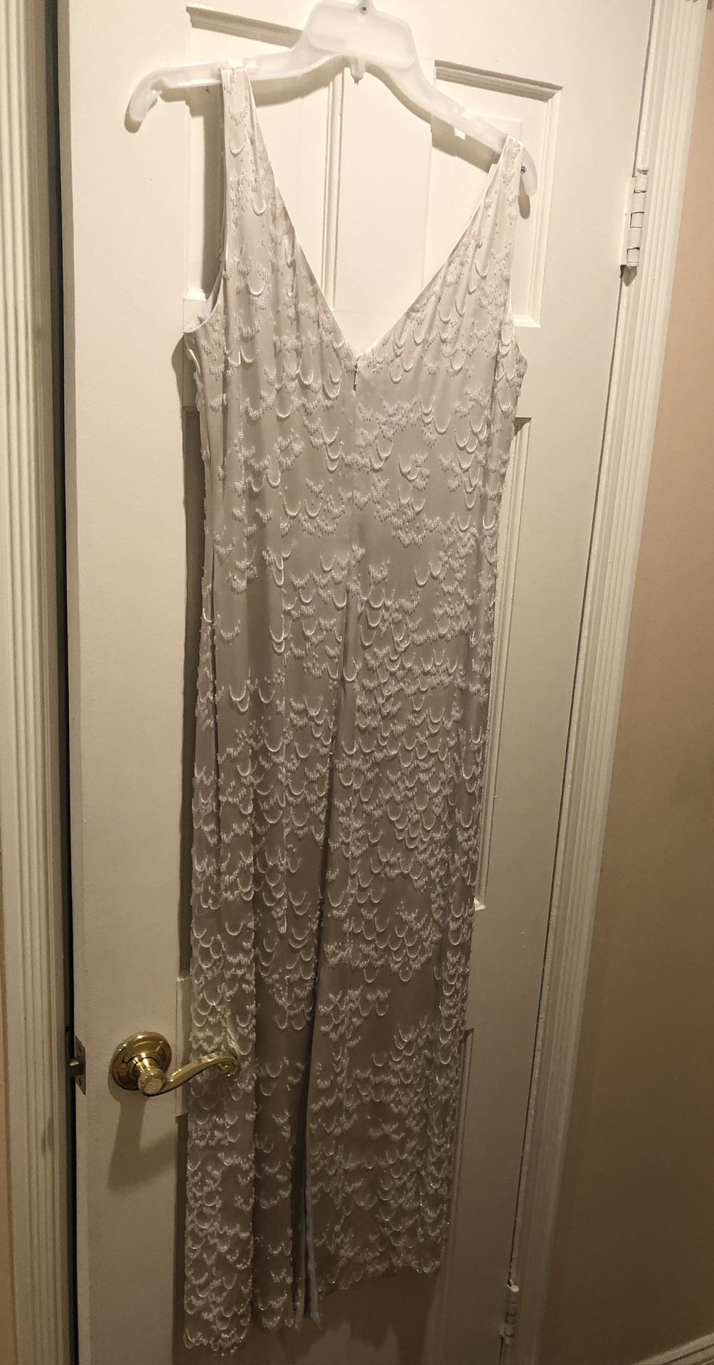 Beautiful Kay Unger Evening Dress , Off White Satin Beaded Size 10 Worn once , if you see it here , it is available Smoke free , pet free home