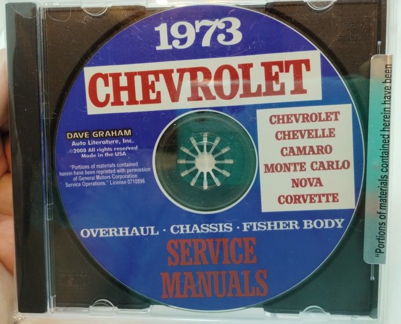 CD of 1973 Chevrolet Service Manuals, Chevelle, Camaro, Nova, Corvette, Monte Carlo