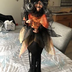 Halloween Witch Figure With Wood Pedestal - 16” Tall