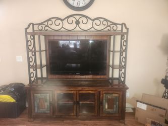 Mahogany/black wrought iron entertainment center