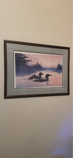 Raedeke Signed Loons Lake Print, Matted & Framed Landscape Animals Nature