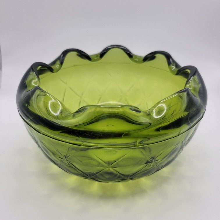 Vtg Green Indiana Glass Candy Dish Quilted Diamond Hollywood Regency 5.5" Diam