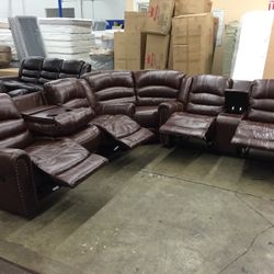 Huge Wrap Around Leather Fully Reclining Couch Set 