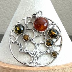 925 Sterling Silver Tree of Life Pendant with Multicolor Amber Cabochons
