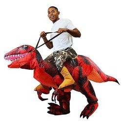 Adult Spooktacular Creations Inflatable Costume Raptor Halloween Riding a Raptor Dinosaur Deluxe Costume Half Body Air Blow Up Costumes with Light-up 