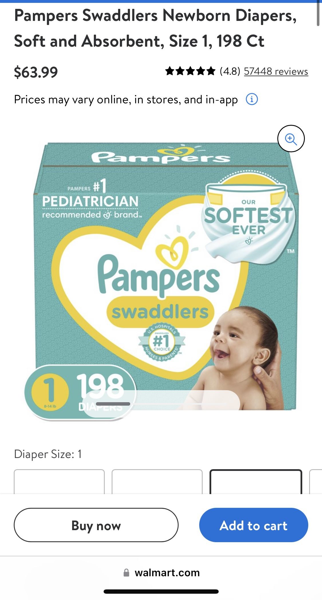 Pampers Swaddlers 198 Count/ 12 Hour Protection/ 2x Softer