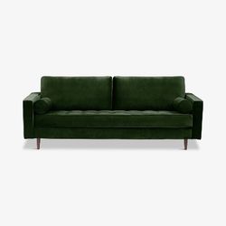 Feather Monroe Green Velvet Sofa – Mid-Century Modern Design Couch, 84” Wide, Includes Bolster Pillows