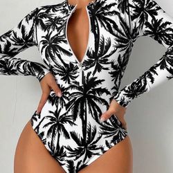 SPORTY Palm Tree Print Zip Up One Piece Swimsuit *NEW*