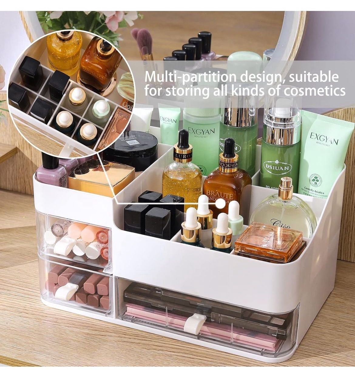 White Makeup Organizer With 3 Drawers,Large Capacity Plastic Cosmetic Storage Organizer for Dresser and Vanity,Ideal for Beauty,Perfume,Brushes,Skinca